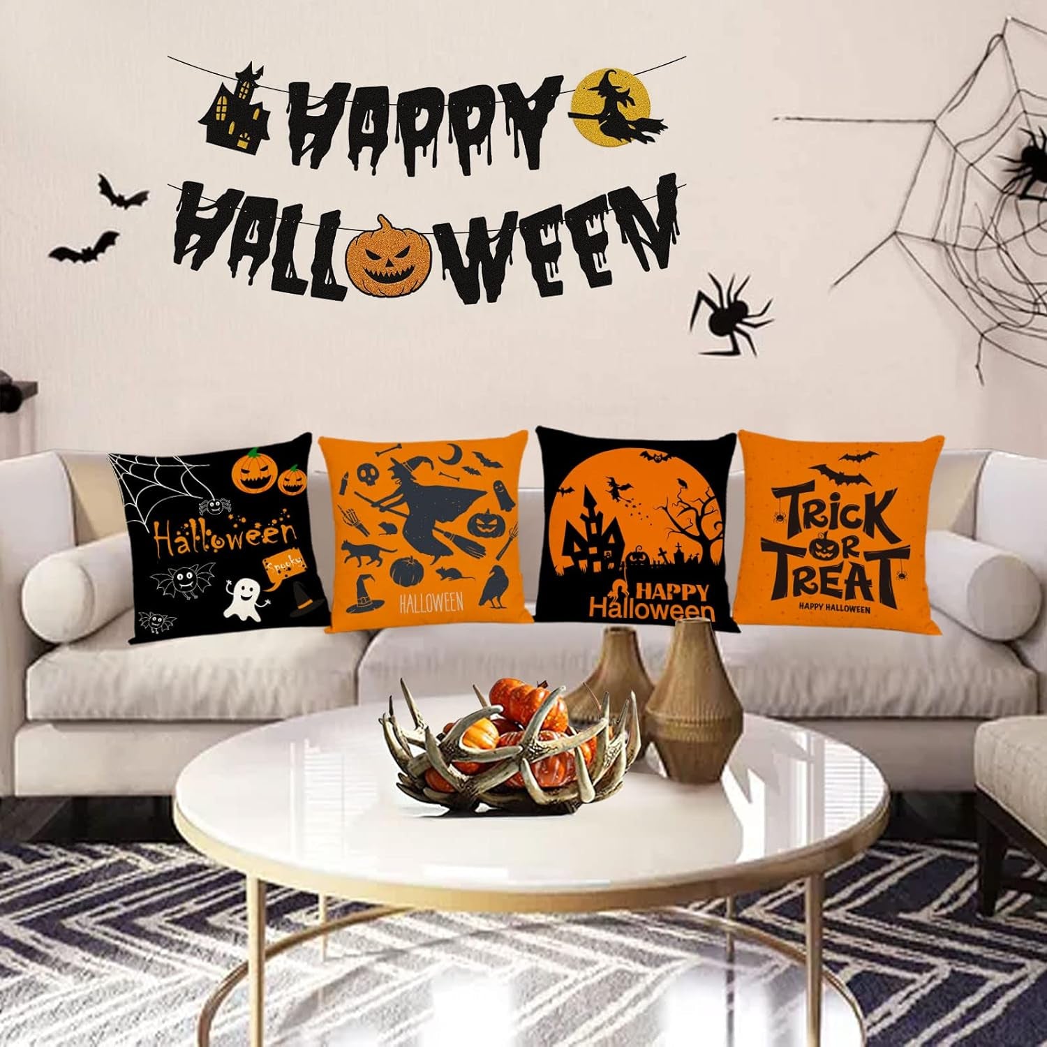 Halloween Decor Pillow Covers 16X16 Set of 4 Halloween Fall Black Decorative Throw Pillows Scary Pumpkin Bats Pillow Cases Home Outdoor Sofa Couch Cushion Covers for Halloween Decorations (16 by 16)