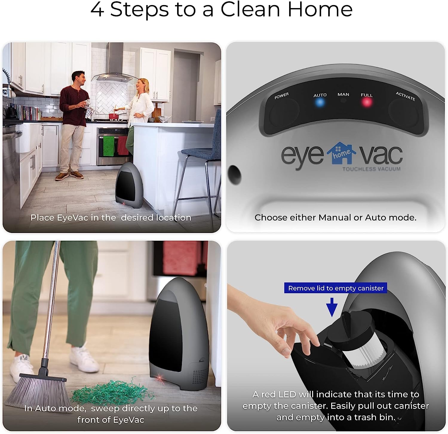 Eyevac Home Touchless Vacuum Automatic Dustpan - Great for Sweeping Pet Hair Food Dirt Kitchen - Ultra Fast & Powerful, Corded Canister Vacuum, Bagless, 1000 Watt (Silver)