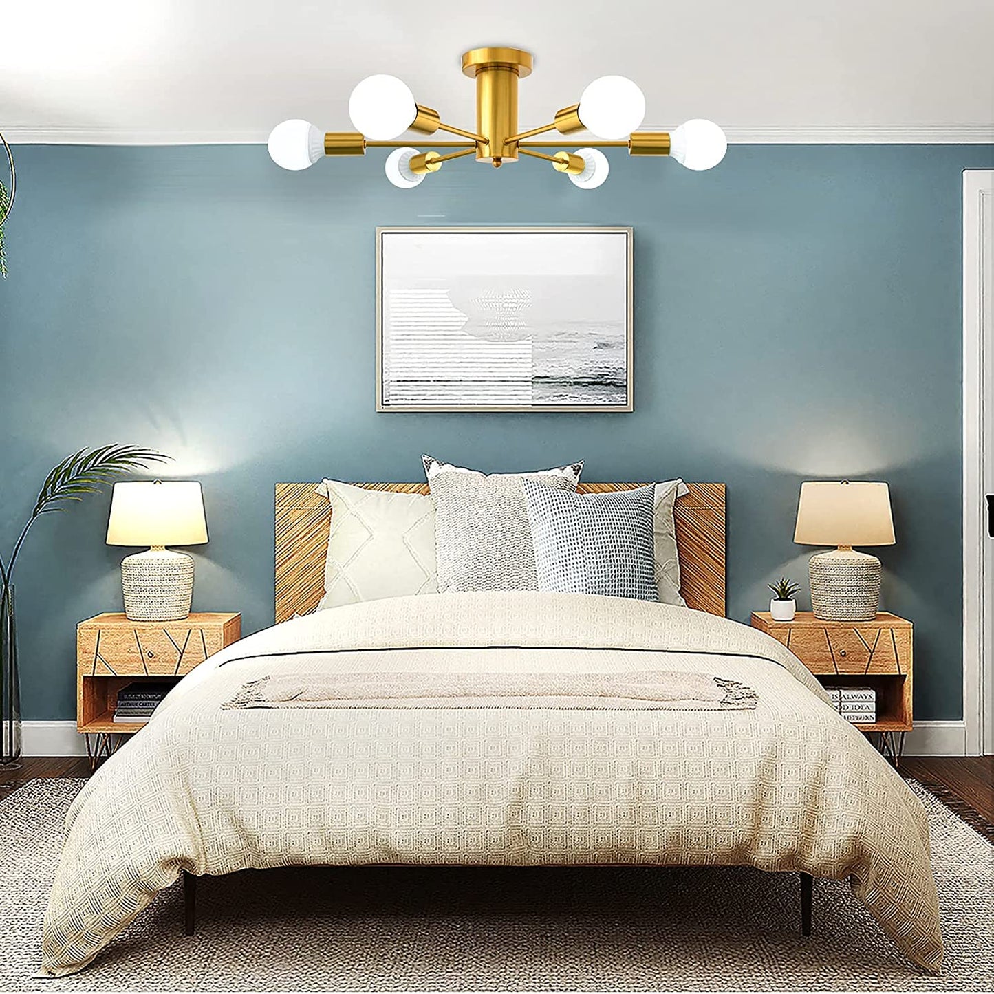 Semi Flush Mount Ceiling Lamp Gold 6 Lights Brushed Brass Mid Century Sputnik Chandeliers Ceiling Light Fixture Modern Chandelier for Dining Room, Foyer, Kitchen, Bedroom, Living Room