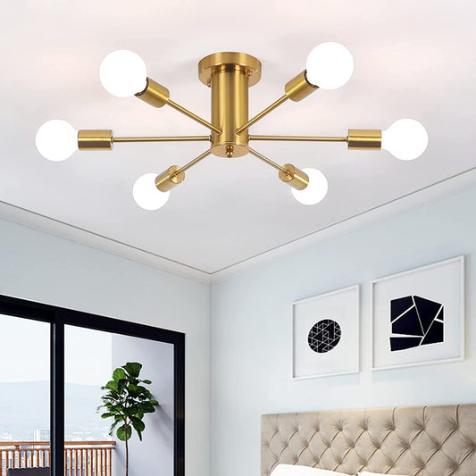 Semi Flush Mount Ceiling Lamp Gold 6 Lights Brushed Brass Mid Century Sputnik Chandeliers Ceiling Light Fixture Modern Chandelier for Dining Room, Foyer, Kitchen, Bedroom, Living Room