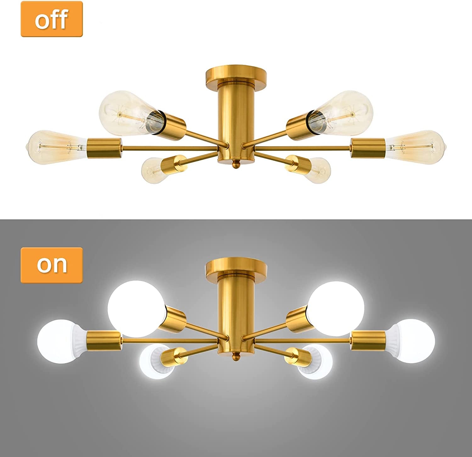 Semi Flush Mount Ceiling Lamp Gold 6 Lights Brushed Brass Mid Century Sputnik Chandeliers Ceiling Light Fixture Modern Chandelier for Dining Room, Foyer, Kitchen, Bedroom, Living Room