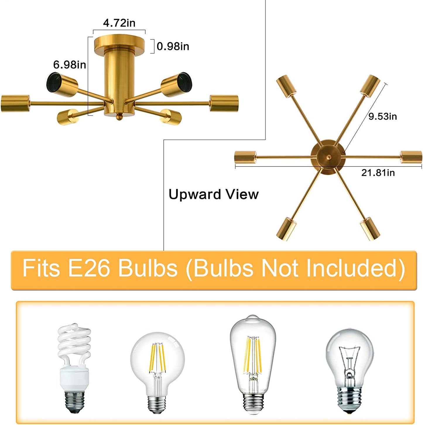Semi Flush Mount Ceiling Lamp Gold 6 Lights Brushed Brass Mid Century Sputnik Chandeliers Ceiling Light Fixture Modern Chandelier for Dining Room, Foyer, Kitchen, Bedroom, Living Room