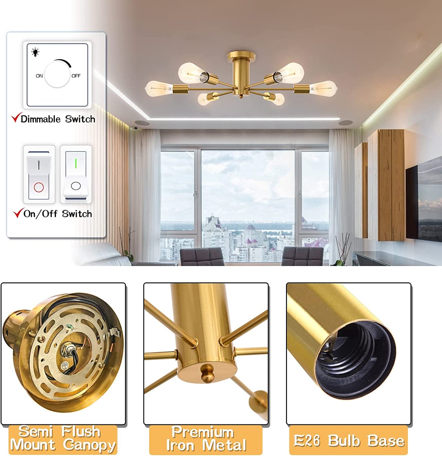Semi Flush Mount Ceiling Lamp Gold 6 Lights Brushed Brass Mid Century Sputnik Chandeliers Ceiling Light Fixture Modern Chandelier for Dining Room, Foyer, Kitchen, Bedroom, Living Room